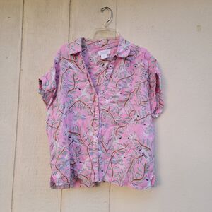 Cynthia Rowley linen bird print button Up top Wmns Sz Large Blouse Coastal Boxy